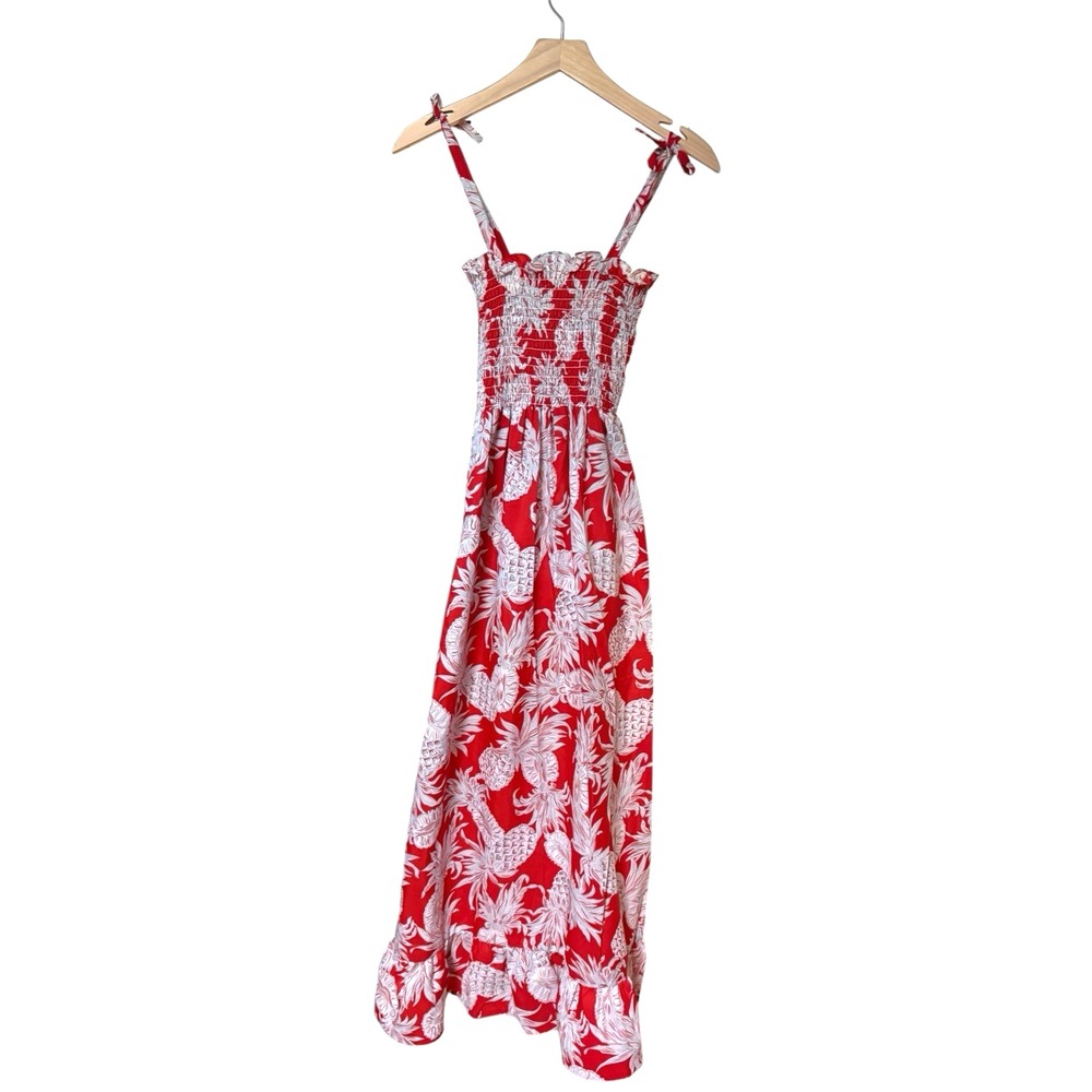 Hawaiian Diamond Head Maxi‎ Dress Small Vintage Pineapple Red White Smocking Tie
